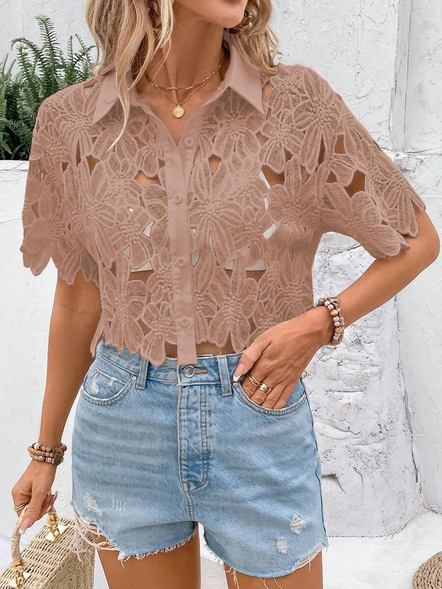 SHEIN Clasi 女款素色單排扣休閒百搭日常穿著襯衫 - 咖啡棕 - 查看 1