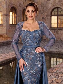 Serin Elegant Formal Blue Satin Floral Sequin Square Neck Tulle Long Sleeve Mermaid Gown With Train Bridal Mother Wedding Evening Party Guest Dress Spring - Dusty Blue - View 3