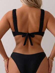 Swim Mod Top de bikini con lazo en la espalda, de unicolor y estilo dulce para mujer de talla grande - Negro - Ver 5