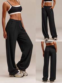 GLOWMODE 28" Modal Ribbed Glow Easy High-Waisted Wide Leg Joggers With Adjustable Drawstring & Side Pockets Training Workout Daily Active Casual - Black - View 8