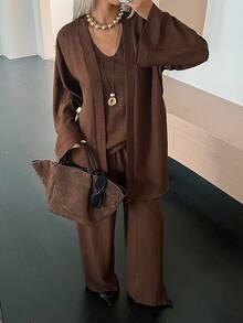 Livesso Autumn Brown Flare Sleeve Long Cardigan Vest Straight Leg Pants 3 Pieces Set, Loose Office Commute Wedding Vacation Casual Women's Outfit - Brown - View 2