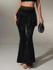 Nuvra Pantalones acampanados de encaje, diseño cómodo 2 en 1, versátil para ir al trabajo, primavera/verano, fiesta, noche activa, negro, elegante, sofisticado - Negro - Ver 8