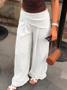 Firerie Women's Elegant Textured Wide Leg Long Pants, High Waist Asymmetric Pleated Design, Romantic Date Vacation Beach Cruise City Street Summer - White - View 5