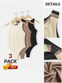 SHEIN BASICS 3件組女款休閒極簡基本款圓領無袖修身針織連身衣 夏季服飾 日常辦公穿搭 白色、灰褐色、黑色 - 彩色 - 查看 9