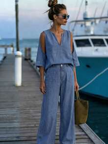 EMERY ROSE Set Denim Kasual Wanita Model V-Neck dan Celana Panjang untuk Liburan Sehari-hari, Warna Biru Muda, Musim Gugur - Biru - View 2
