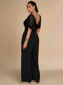 SHEIN BAE CURVE Plus Size Women's Black Lace Patchwork Long Sleeve Wide Leg Jumpsuit, Elegant Business Casual Dinner Cocktail Summer - Black - View 3