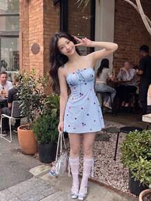 Skyraze Women's Light Blue Floral Summer Embroidered Ruffle Bust Camisole Mini Dress,Cottage Core Tropical Strappy Square Neck Picnic Vacation,Elegant Prom - Blue - View 6