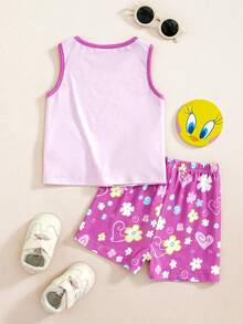 LOONEY TUNES X SHEIN Baby Girl Cartoon Print Round Neck Tank Top And Floral Print Shorts Set - Pink - View 2