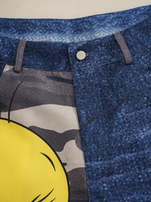 LOONEY TUNES X SHEIN Men's Cartoon Print Camouflage Patchwork Button Denim Shorts - Blue - View 3
