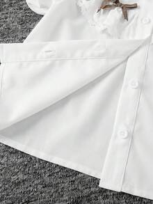 SHEIN 少女休閒學院風復古優雅修身對比蕾絲飾邊翻領泡泡長袖鈕扣前襟白色梭織素色襯衫 - 白色 - 查看 6