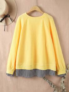 Rusticease Plus Size Sunflower Striped Patchwork 2 In 1 Crew Neck Long Sleeve Sweatshirt Fall Autumn Casual Layering Daily Going Out Outfits Women - Pale Yellow - View 3