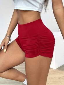 SHEIN EZwear 女款純色百褶夏季短褲，打底短褲 - 紅色 - 查看 3