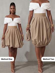 BamGlimmer 卡其色夏季優雅獨特茶會風春季新年大廓形百褶花卉裙，時尚度假休閒風，日常穿著派對款 - 卡其色 - 查看 2