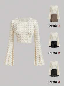 SHEIN MOD Elegant Boho Women's Crochet Knit Bell Sleeve Crop Top Casual Hollow Out Sweater, Autumn Beach Vacation, Shopping, Party Attire Beige - Apricot - View 4