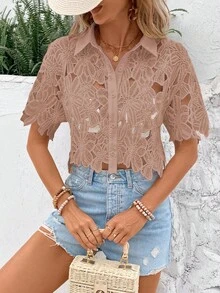 SHEIN Clasi 女款素色單排扣休閒百搭日常穿著襯衫 - 咖啡棕 - 查看 4