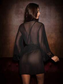 Bella Beso 两件套黑色蕾丝拼接深V透视优雅浪漫内衣套装 - 连体裤 + 睡袍 - 黑色 - 查看 2