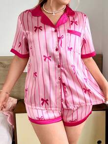 Slumberry CURVE Set Piyama Wanita Ukuran Plus Satin Motif Pita Garis-garis Manis & Imut dengan Trim Polos Kontras pada Kerah dan Kancing Depan - Hot Pink - View 4