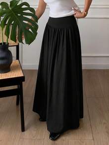 SHEIN Tall CURVE 大尺碼女款純色高腰百褶休閒裙 - 黑色 - 查看 4