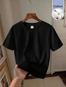 SHEIN Tween Girl Knitted Solid Color Crew Neck Fitted Casual T-Shirt - Black - View 8
