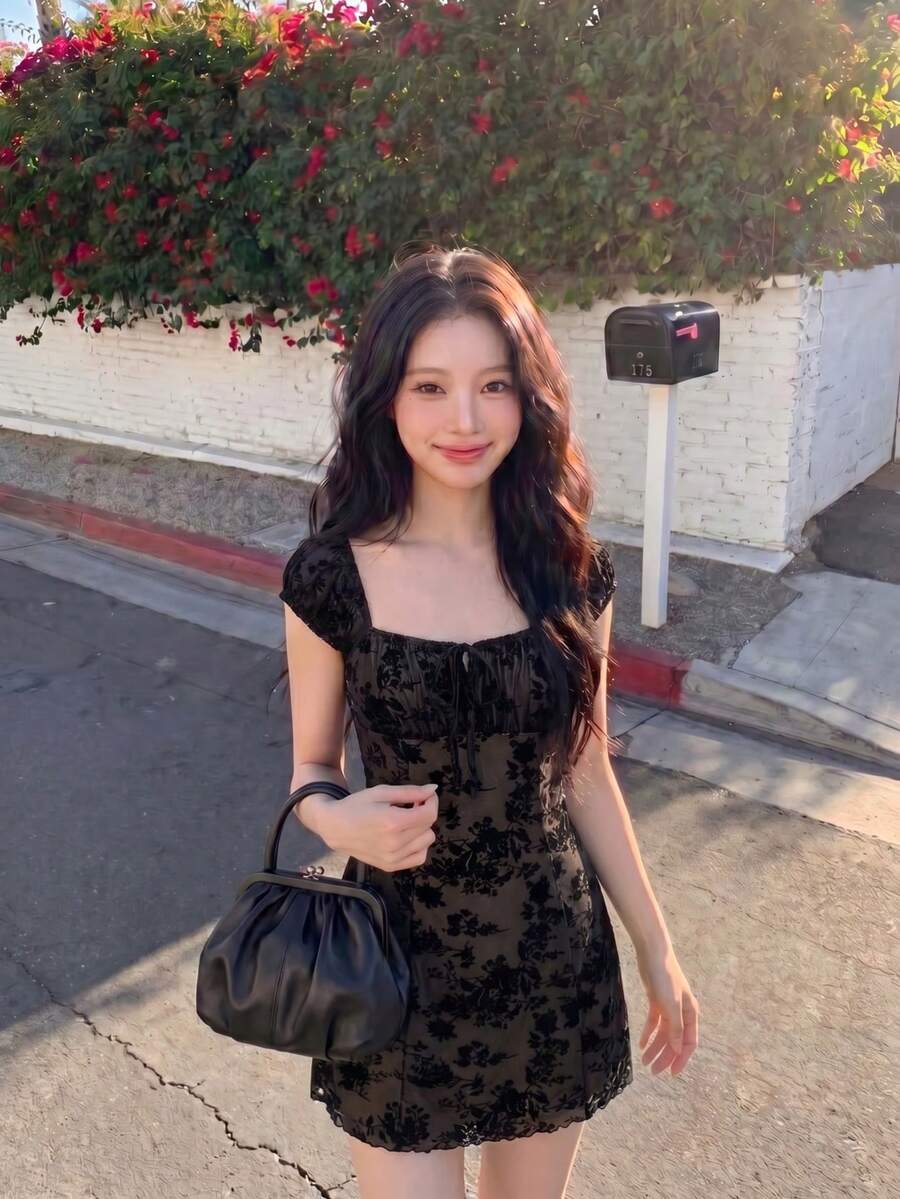 SHEIN MOD Của phụ nữ Hoa Nhung Lưới Ruy băng Buộc Đầm - màu đen - Xem 1