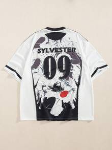 LOONEY TUNES X SHEIN Men's Cartoon Print Contrast Color Crew Neck Short Sleeve T-Shirt - White - View 2