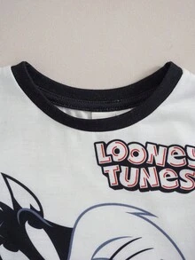 LOONEY TUNES X SHEIN 男嬰卡通印花圓領短袖T恤與短褲套裝 - 彩色 - 查看 3