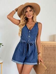 EMERY ROSE EMERY ROSE Mono y mono corto de mezclilla de verano con cuello en V, sin mangas, tirantes anchos y botones delanteros de moda para mujer - Azul lavado oscuro - Ver 6