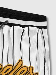 ROMWE MEN Prep Pantalones cortos de hombre con estampado de letras a rayas, cintura con cordón y bloques de color - Multicolor - Ver 5
