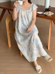Dazy Plus Camisola Elegante de Primavera/Verão com Estampa Romântica em Todo o Tecido, Textura de Crepe e Manga com Babado - Azul - Visão 2