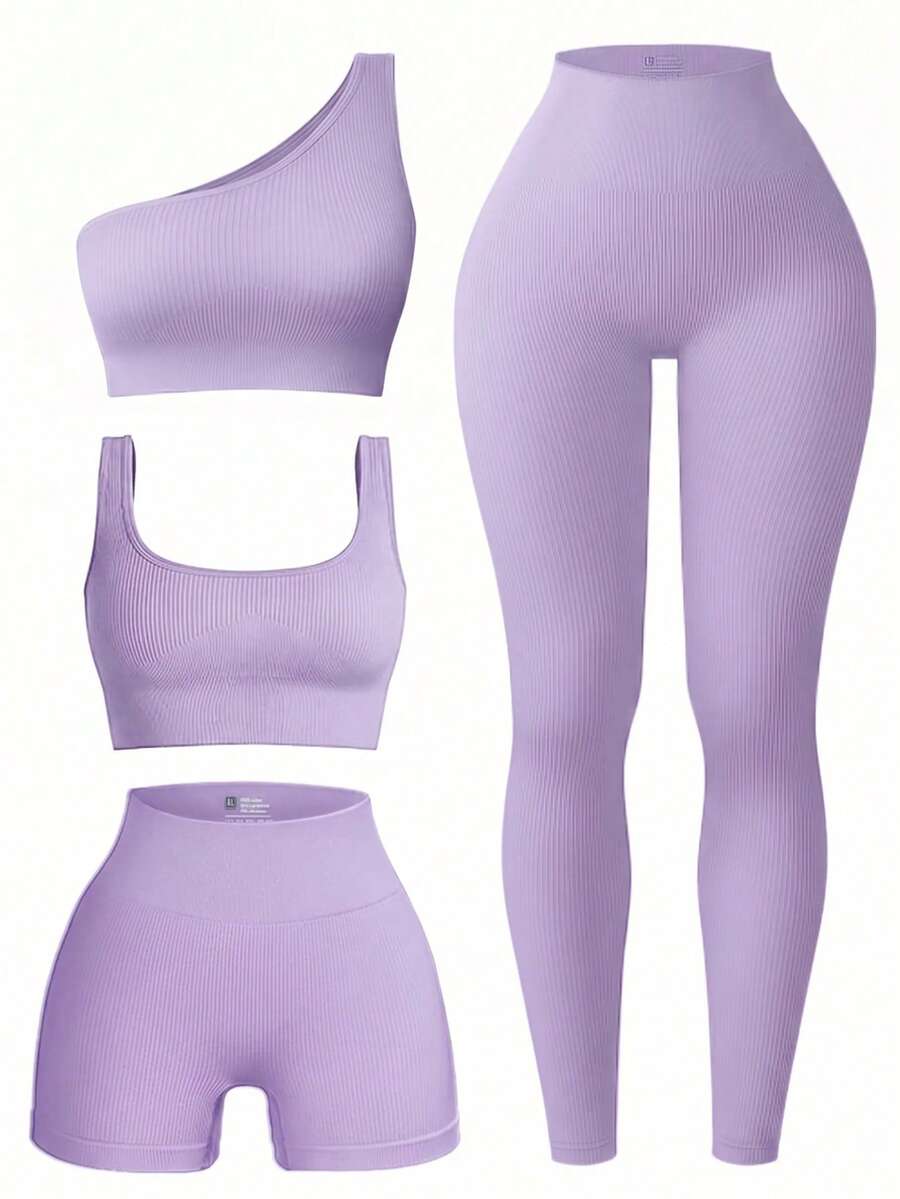 SHEIN Sports 女款純色背心式內衣、單肩內衣、底層短褲與緊身褲運動套裝 - 紫色 - 查看 1