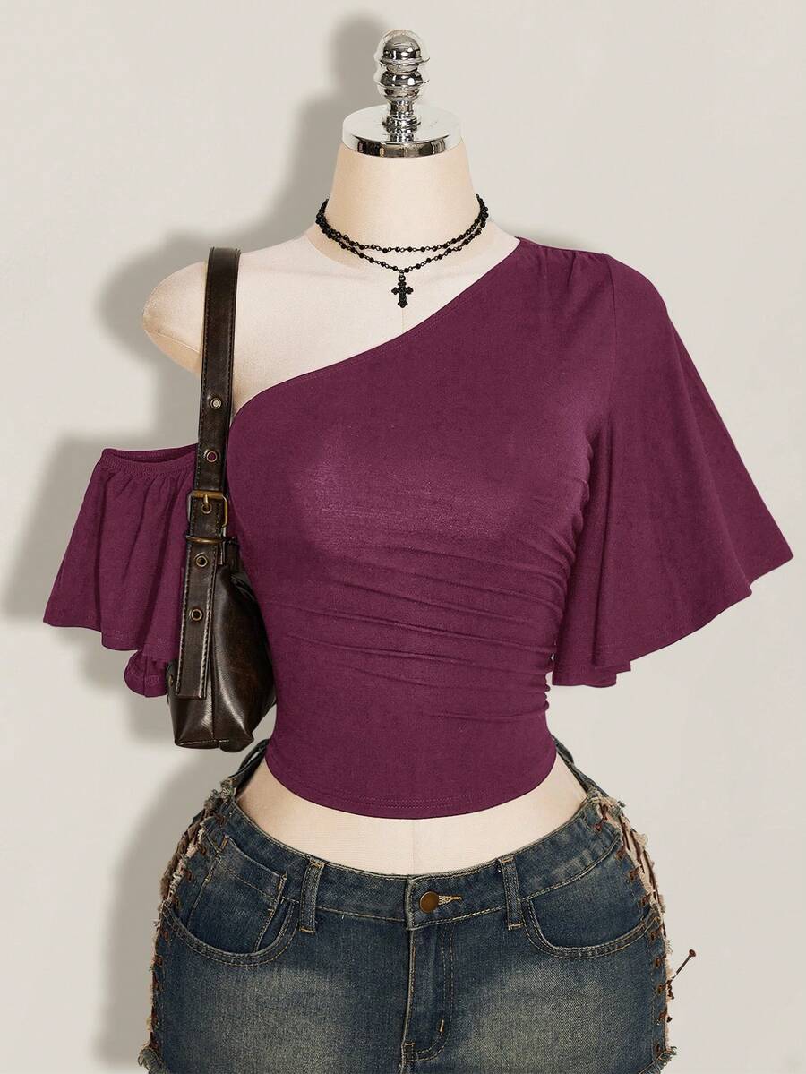 SHEIN ICON 女款純色不對稱領休閒百搭日常穿搭上衣 - 酒紅色 - 查看 1