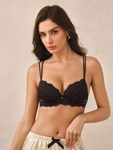 Hourtrue Lace Thick Cup Push Up Bra | Medium Support, Non Removable Padding, Underwire, Preppy Style - Black - View 7