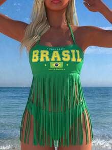 SHEIN Swim 夏季新款性感細肩帶綁帶比基尼套裝 女款，兩件式吊帶上衣附流蘇，三角褲，綠色與黃綠色，海灘派對 - 彩色 - 查看 1