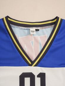 LOONEY TUNES X SHEIN Men's Letter Print V-Neck Short Sleeve T-Shirt Retro Color-Block Jersey - White - View 3