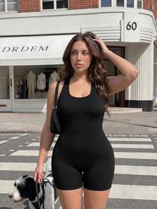 SHEIN Dewbera Women Plus Size Letter Print Casual Daily Wear Sports Romper - Black - View 2