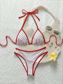Swim Mod 女款夏季兩件式泳衣套裝，小龍蝦印花拼色條紋時尚甜美海灘度假風 - 彩色 - 查看 2