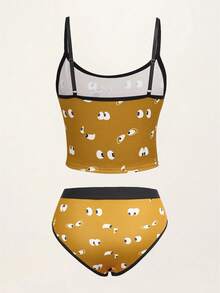 SCOOBY-DOO X SHEIN 女款字母卡通印花撞色細肩帶背心與三角內褲休閒日常內衣套裝 - 棕色 - 查看 2