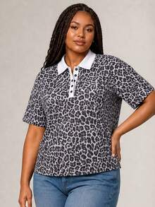 ELLERISSA Curve Elegant Leopard Printed Oversized Tee With Polo Shirt Detail For Women,Pink And Grey,Summer,Smart Casual,Everyday Plus Size Tops - Multicolor - View 3