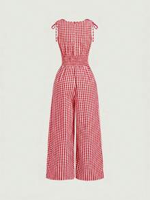 SHEIN MOD 女款夏季休閒格紋無袖連身褲 - 紅白色 - 查看 6