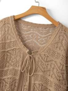 GlowEve CURVE Cardigan Ukuran Besar Elegan dengan Detail Lubang, Lengan 3/4, Leher Bulat, dan Pita untuk Musim Gugur - Unta - View 6