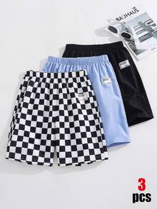 SHEIN 3件組兒童青少年男童買1送2套裝休閒大學風舒適棋盤格印花寬鬆梭織短褲、運動長褲、黑色短褲、白色短褲、棋盤格短褲、工裝褲、Y2K套裝，適合春夏季、外出、情人節、約會、旅行、度假、家庭聚會、開學季、婚禮季、晚餐、運動、生日派對 - 彩色 - 查看 5