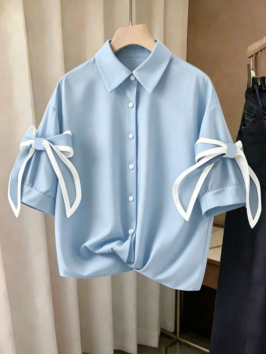 Resyla 女士休闲优雅通勤蝴蝶结前扣短袖衬衫,夏季 - 彩色 - 查看 1