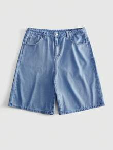 ROMWE MEN 男士寬鬆版型牛仔短褲，附蜘蛛刺繡圖案 - 淺藍色 - 查看 3