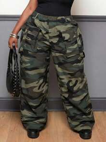 Slaydiva Plus Size Women's Camouflage Casual Versatile Everyday Travel Long Pants Fall - Green - View 3