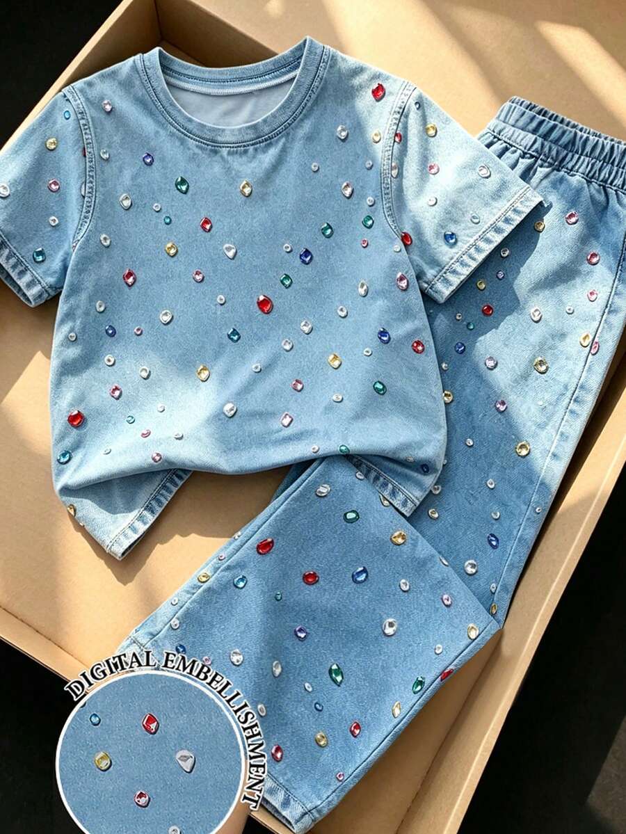 SHEIN 青少年女孩 2件組丹寧效果彩色亮片丹寧效果套裝,夏季新款印花短袖T恤 + 長褲,圓領短袖 - 藍色 - 查看 1