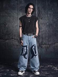 Vyqestra Men's Letter Print Slant Pocket Loose Fit Casual Wide Leg Jeans - Light Wash - View 3