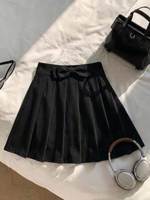 SHEIN Tween女孩 春夏返校季 梭織黑色蝴蝶結休閒百褶裙 - 黑色 - 查看 3