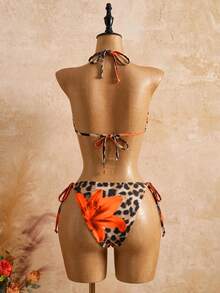 SHEIN 2pcs Women's Sexy Floral & Leopard Print Bandage Bikini Set - Orange - View 2