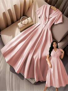 Elenzga 大码女式纯色褶皱优雅收腰连衣裙，适合约会、派对、婚礼、户外活动 - 粉色 - 查看 1