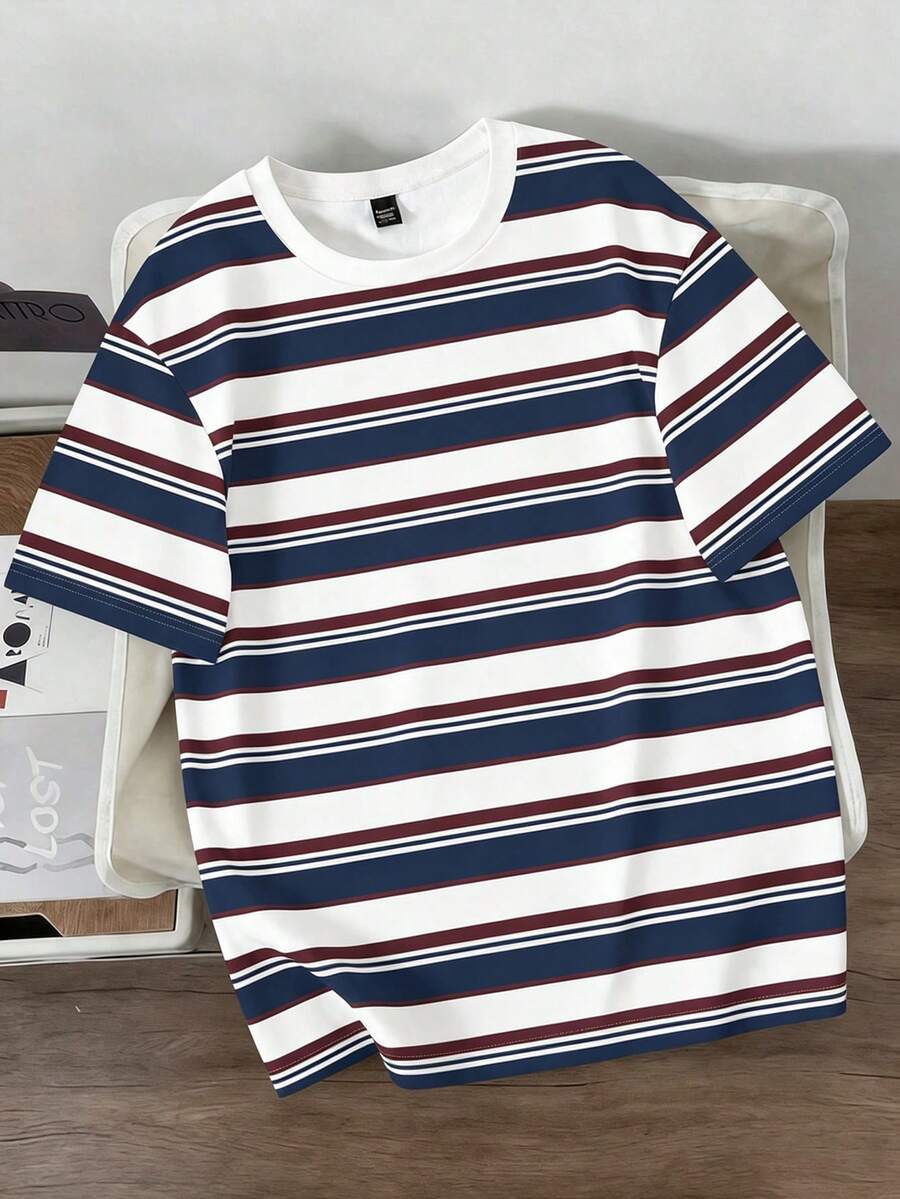 Manfinity Joysei Camiseta de cuello redondo a rayas con bloques de color casual versátil para uso diario para hombres - Multicolor - Ver 1